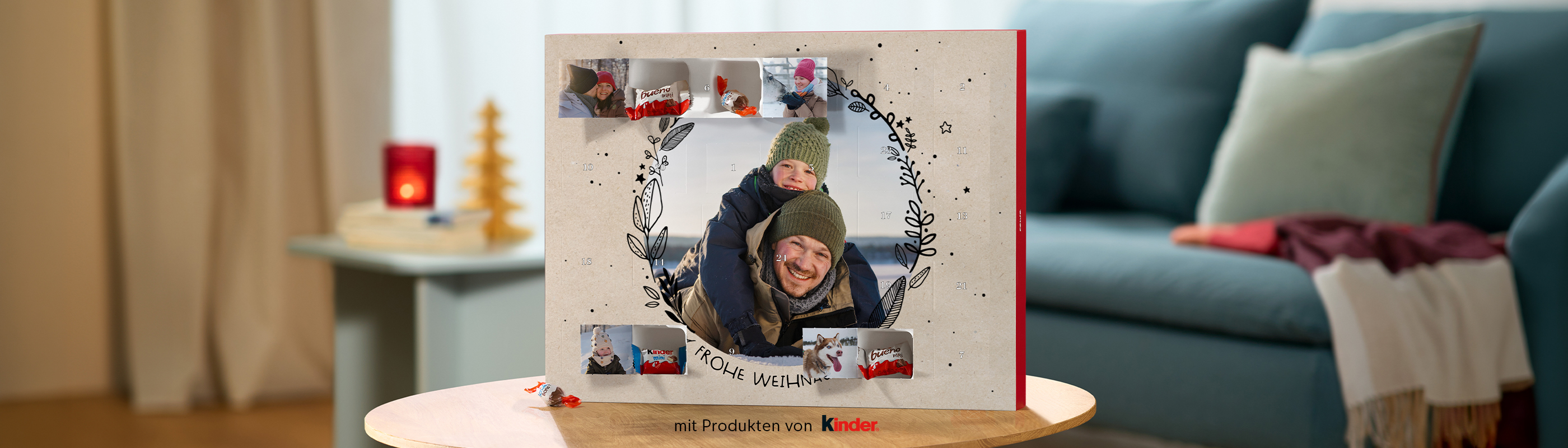 Foto-Adventskalender von CEWE mit winterlichem Fotomotiv und kinder Schokolade auf einem Tisch